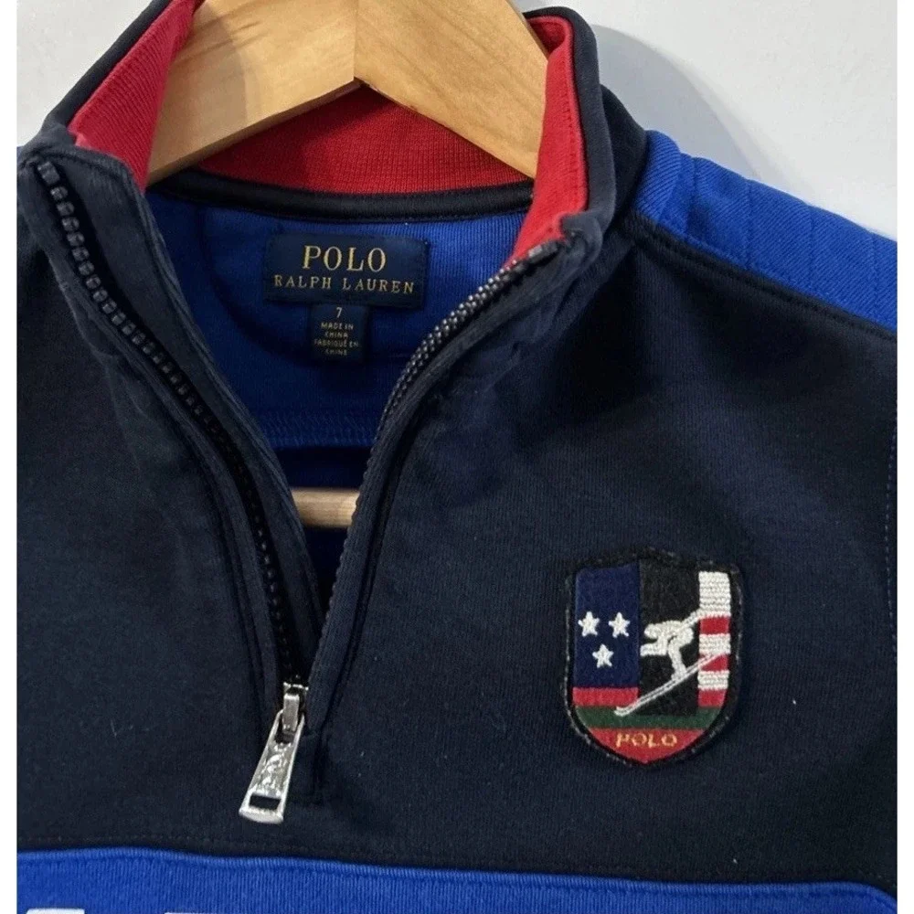 Boys Polo By Ralph Lauren Downhill Skier Alpine Ski 1/4 Zip Pullover Sz 7 EC